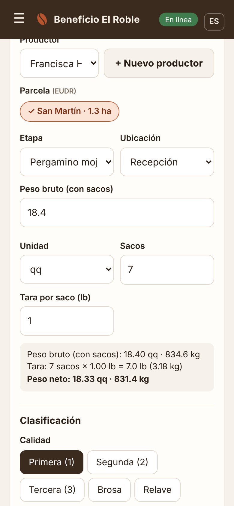 Pantalla Recibir café en el teléfono